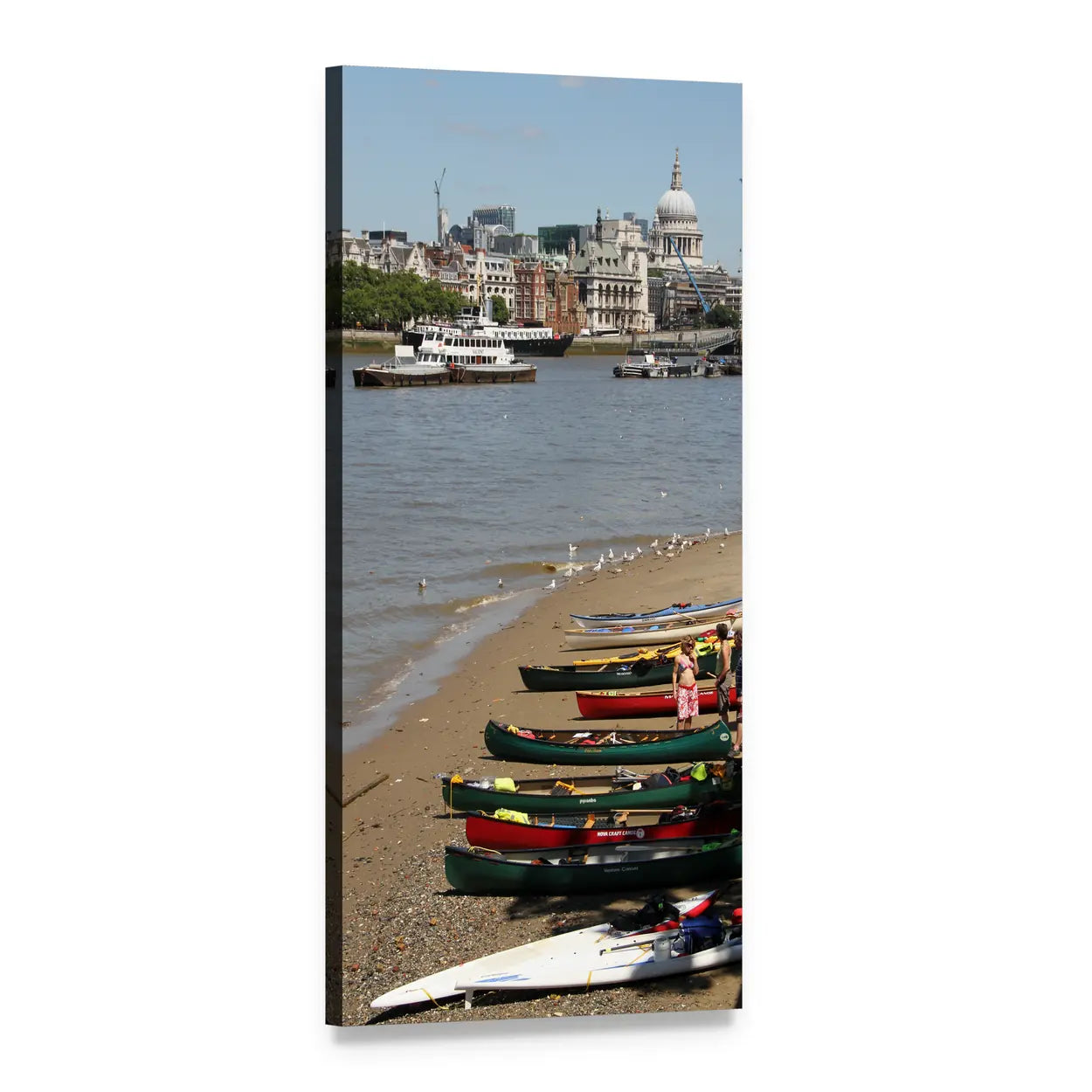 Colorful Canoes by St. Paul's Cathedral Vertical Canvas Wall Art, 1 panel 1 Vertical layout gallery wrapped canvas set, angled product view