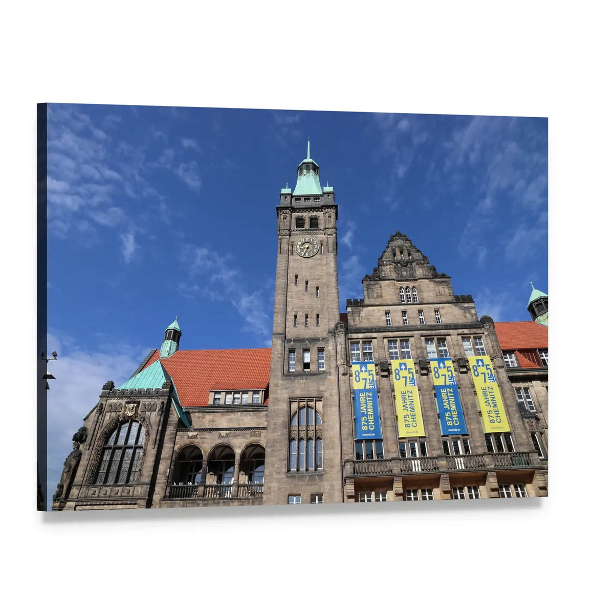 New Town Hall Clock Tower Germany Canvas Wall Art, single panel gallery wrapped canvas, angled product view