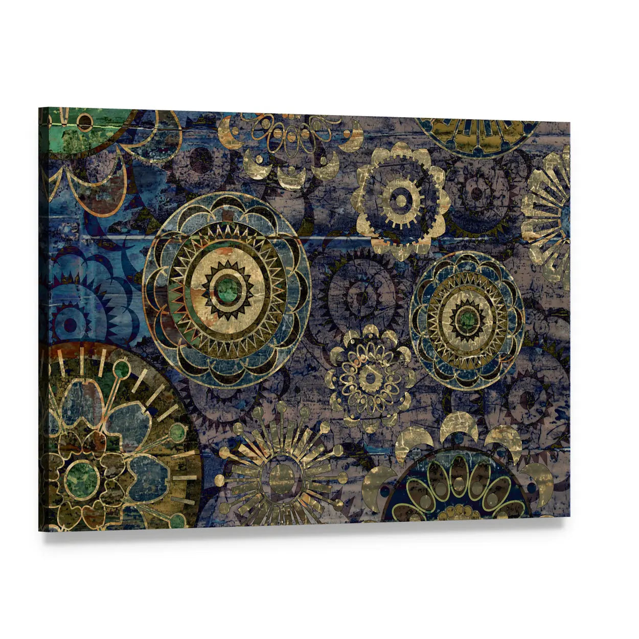 Vintage Floral Mandala Abstract in Navy and Gold Canvas Wall Art, single panel gallery wrapped canvas, angled product view