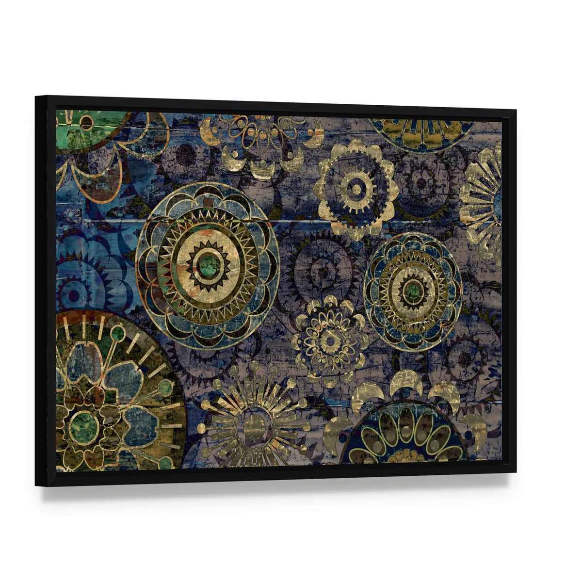Vintage Floral Mandala Abstract in Navy and Gold Canvas Wall Art, framed canvas in a black floater frame, angled product view