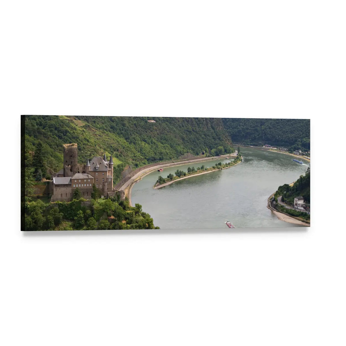 Rhineland Medieval Castle Over River Bend Panoramic Canvas Wall Art, single panel gallery wrapped canvas, angled product view