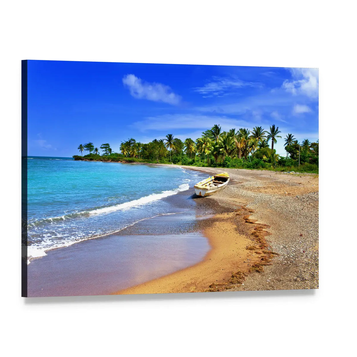 Wooden Rowboat on Sandy Beach Canvas Wall Art, single panel gallery wrapped canvas, angled product view