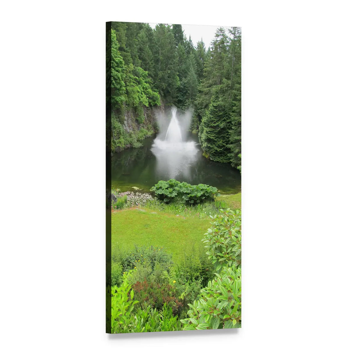 Waterfall and Pond at Butchart Gardens Vertical Canvas Wall Art, 1 panel 1 Vertical layout gallery wrapped canvas set, angled product view