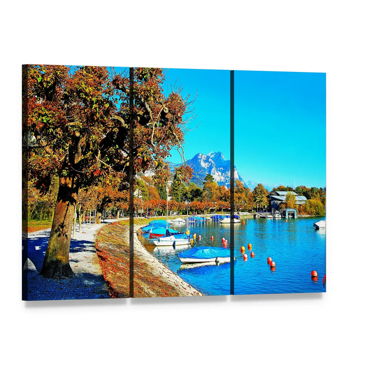 Boats on Alpine Lake in Autumn Canvas Wall Art, 3 panel 3 Horizontal layout gallery wrapped canvas set, angled product view