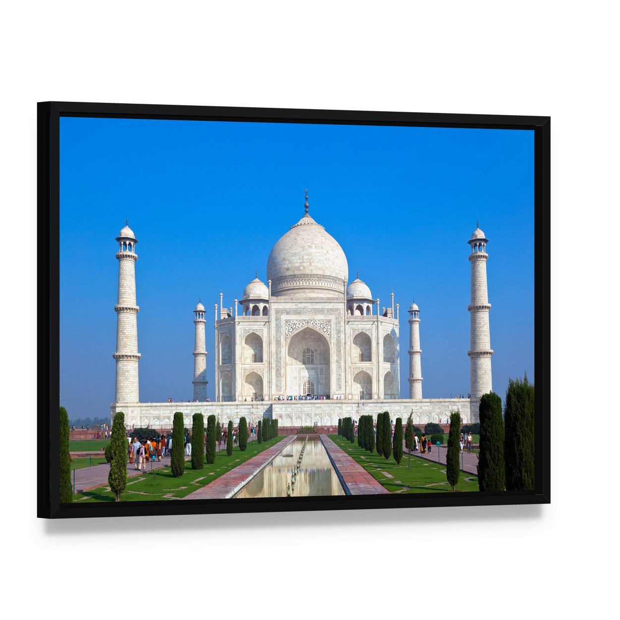 Taj Mahal Canvas Wall Art, framed canvas in a black floater frame, angled product view