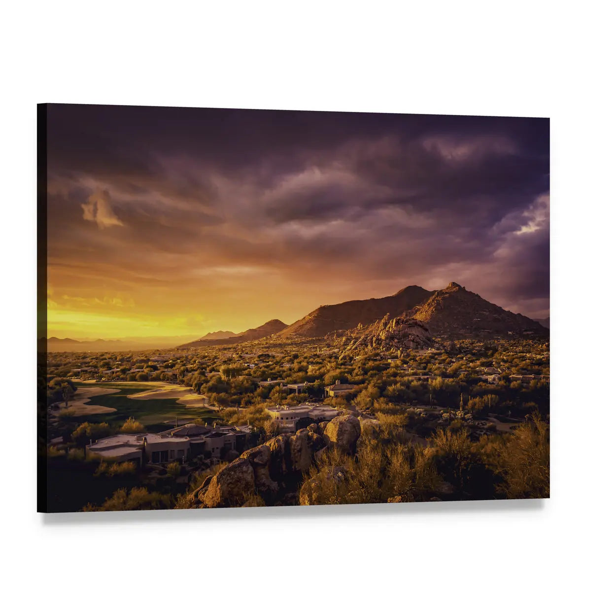 Scottsdale Desert Sunset Landscape Canvas Wall Art, single panel gallery wrapped canvas, angled product view