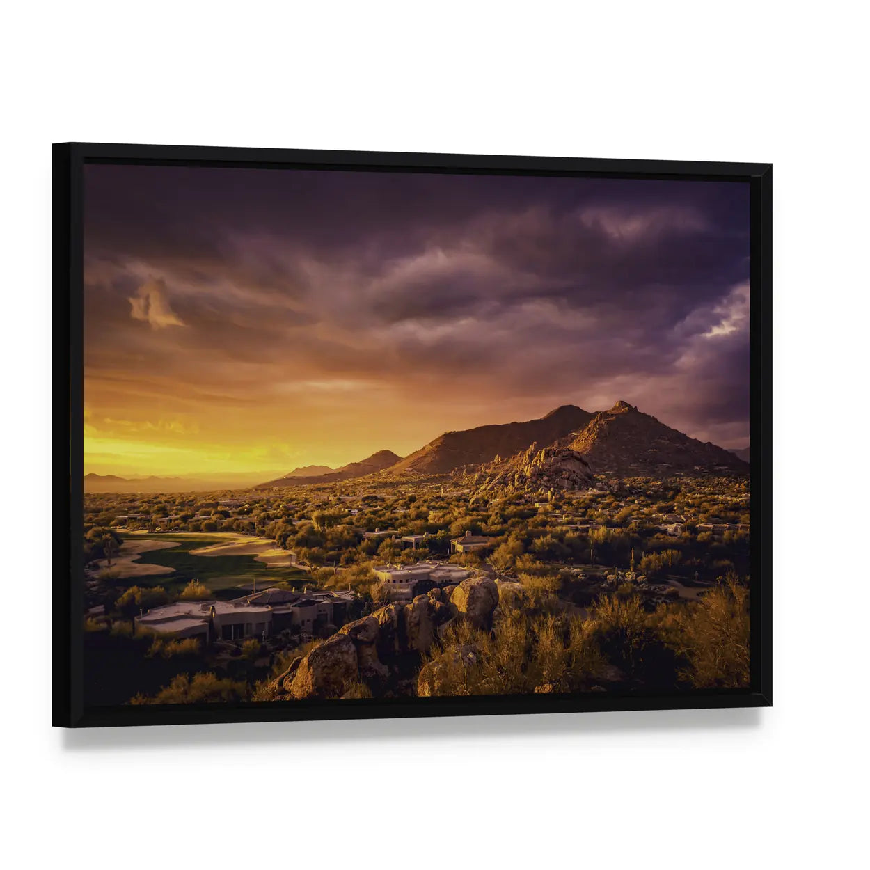 Scottsdale Desert Sunset Landscape Canvas Wall Art, framed canvas in a black floater frame, angled product view