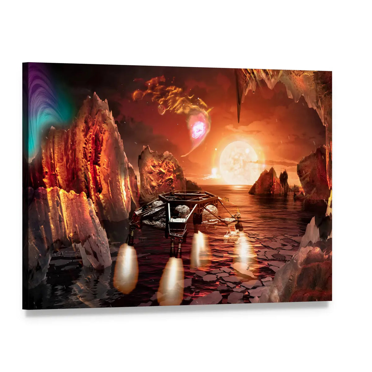 Spaceship Landing on Alien Planet Canvas Wall Art, single panel gallery wrapped canvas, angled product view
