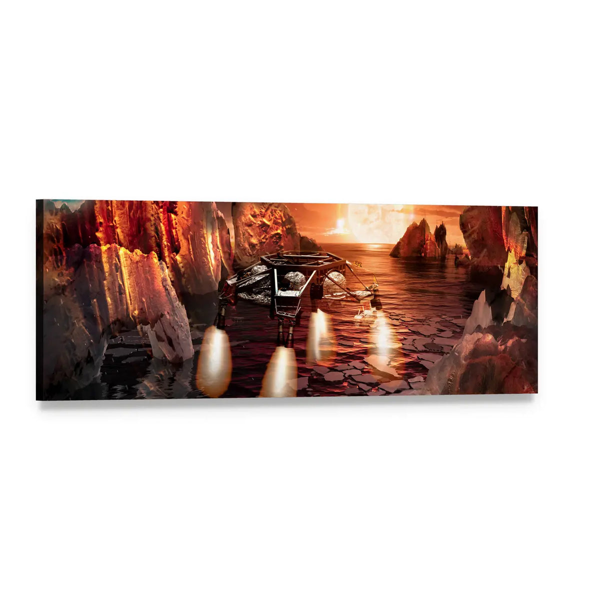 Spaceship Landing on Alien Planet Panoramic Canvas Wall Art, single panel gallery wrapped canvas, angled product view