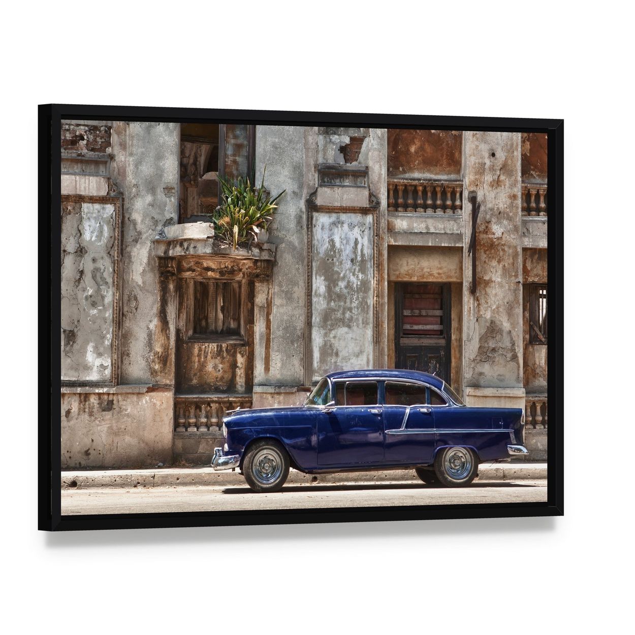 Vintage Car in Havana Canvas Wall Art, framed canvas in a black floater frame, angled product view