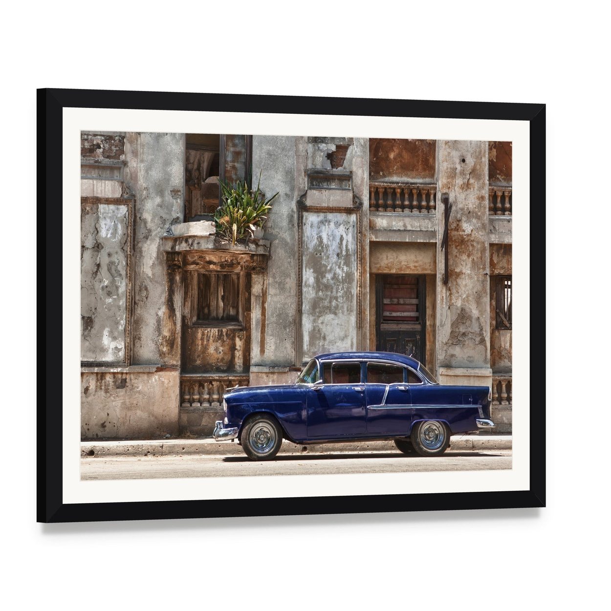 Vintage Car in Havana Canvas Wall Art, framed print with white mat and black frame, angled product view