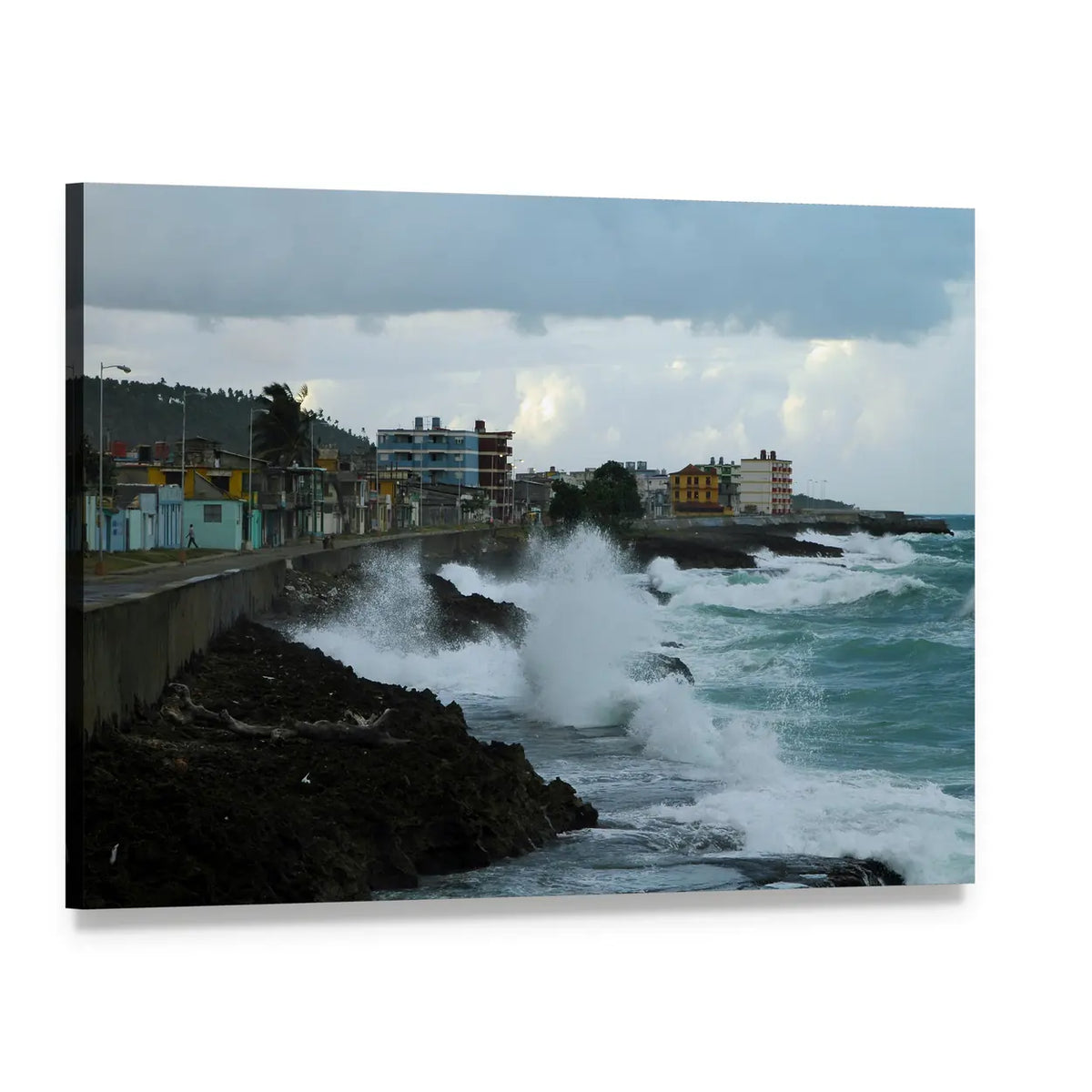 Coastal Town with Crashing Waves Canvas Wall Art, single panel gallery wrapped canvas, angled product view