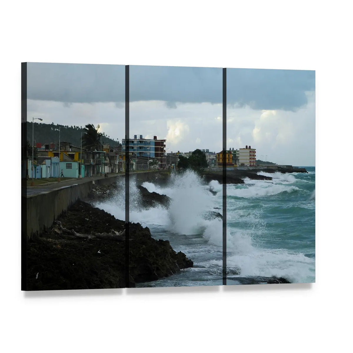 Coastal Town with Crashing Waves Canvas Wall Art, 3 panel 3 Horizontal layout gallery wrapped canvas set, angled product view