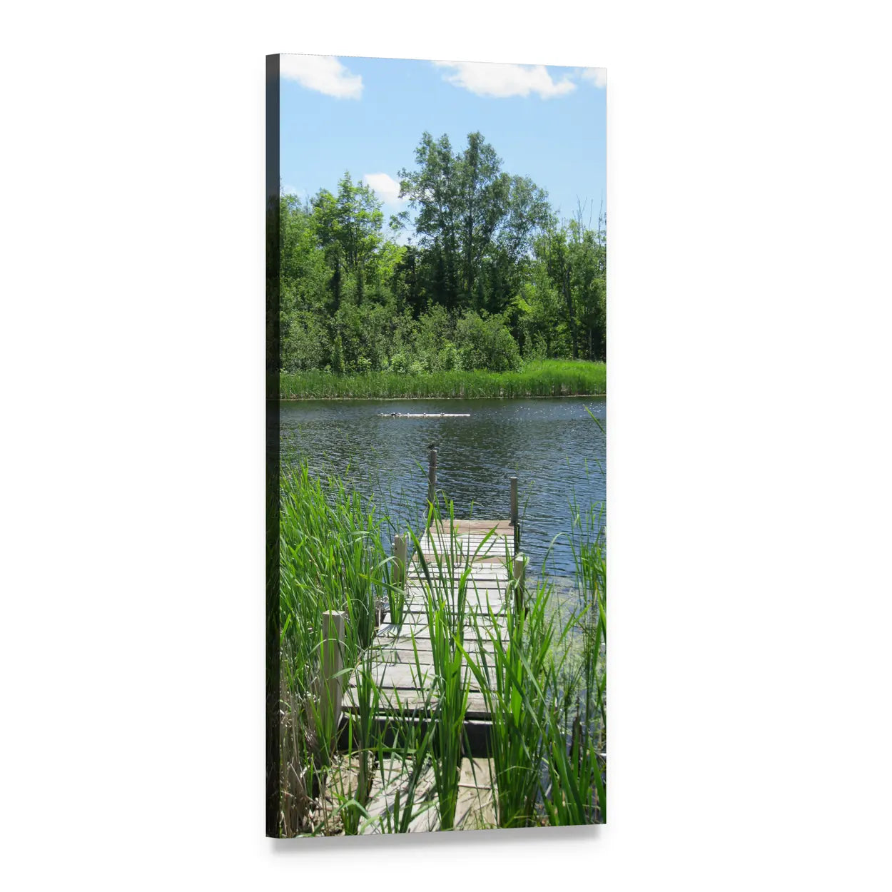 Wooden Pier on a Summer Pond Vertical Canvas Wall Art, 1 panel 1 Vertical layout gallery wrapped canvas set, angled product view
