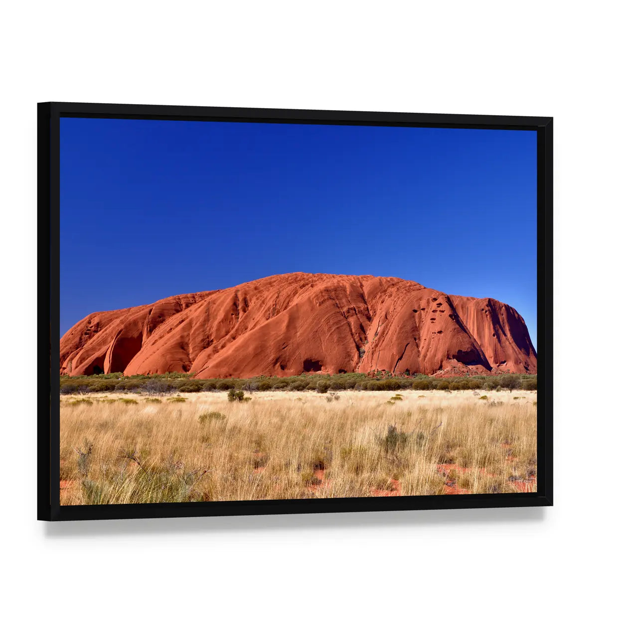 Ayers Rock Uluru Desert Landscape Canvas Wall Art, framed canvas in a black floater frame, angled product view
