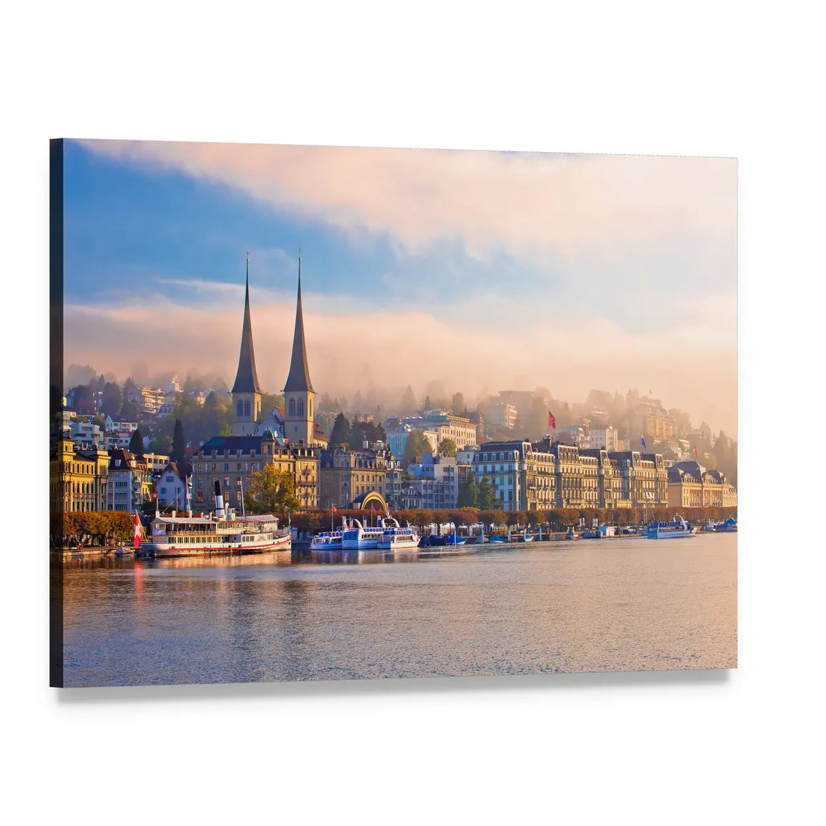Luzern Morning Fog Over Lakefront Canvas Wall Art, single panel gallery wrapped canvas, angled product view