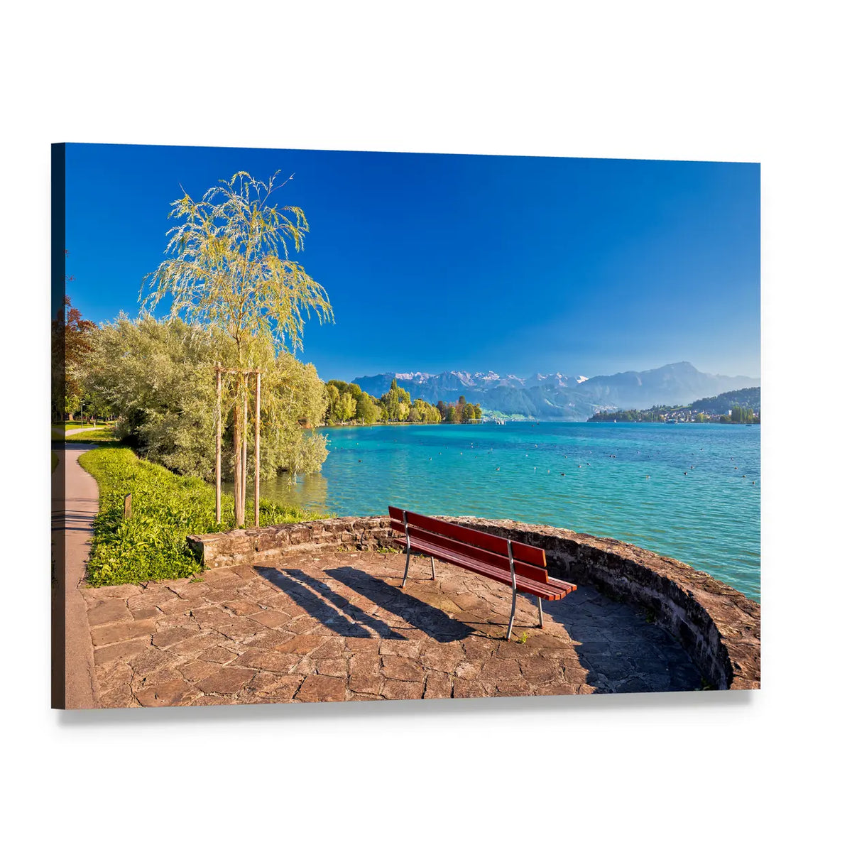 Lake Lucerne Bench Canvas Wall Art, single panel gallery wrapped canvas, angled product view