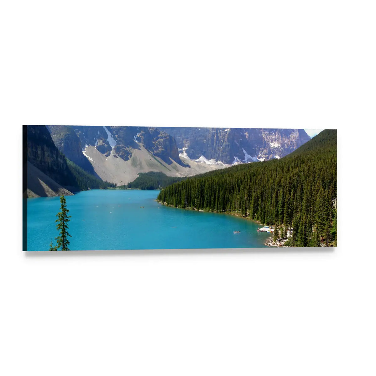 Moraine Lake Turquoise View Panoramic Canvas Wall Art, single panel gallery wrapped canvas, angled product view