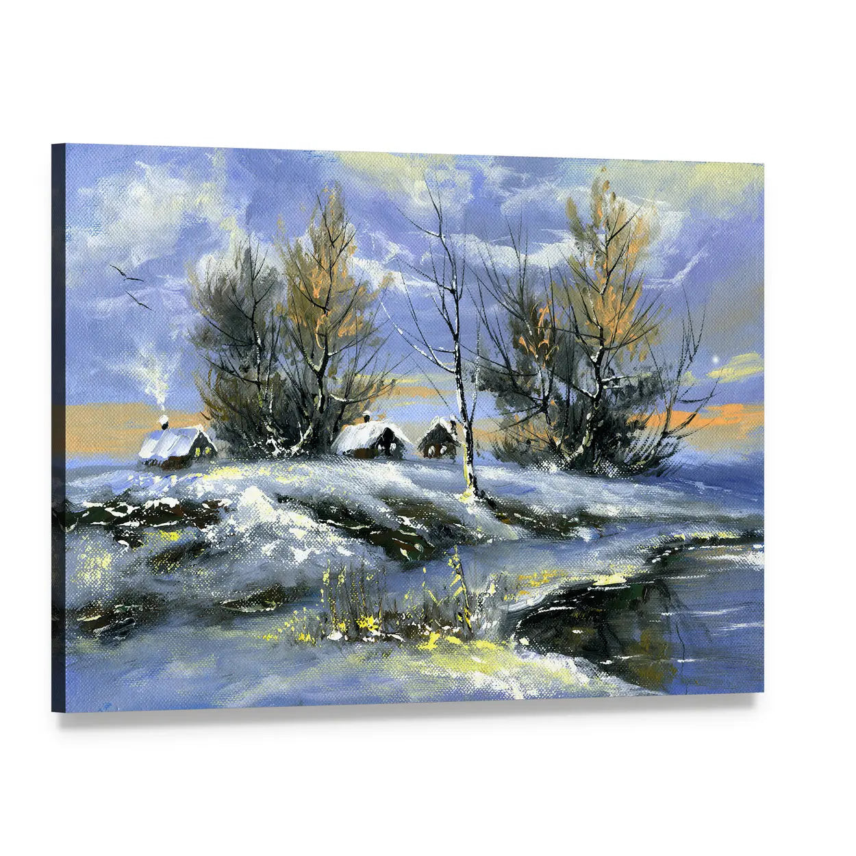House on Lake in Winter Canvas Wall Art, single panel gallery wrapped canvas, angled product view