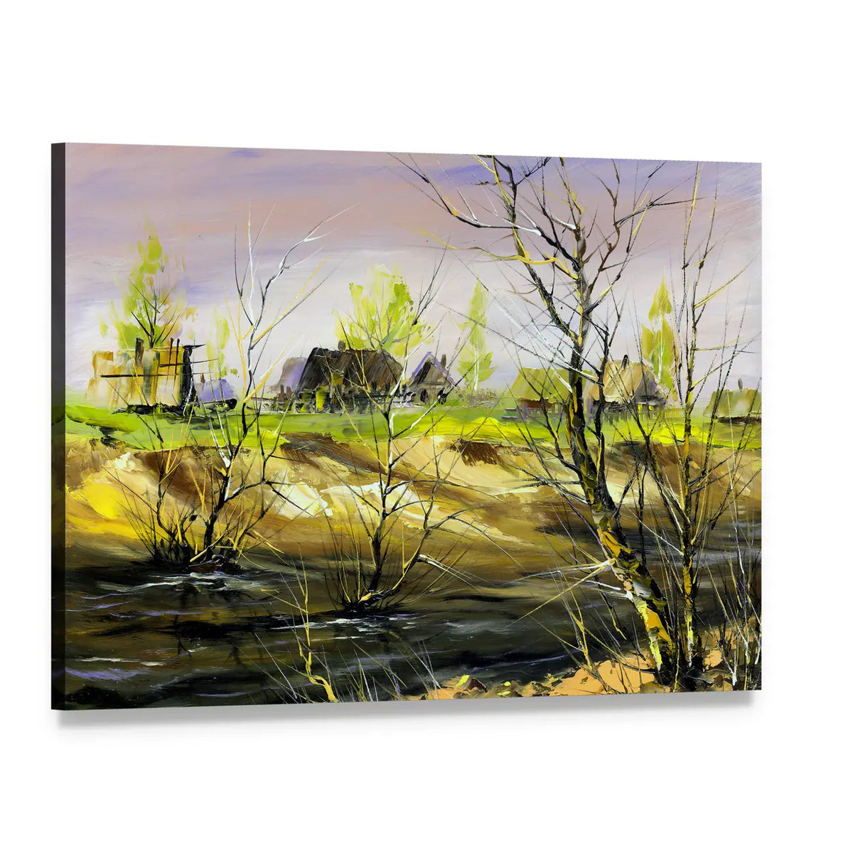 Thatched Cottage on Riverbank Canvas Wall Art, single panel gallery wrapped canvas, angled product view