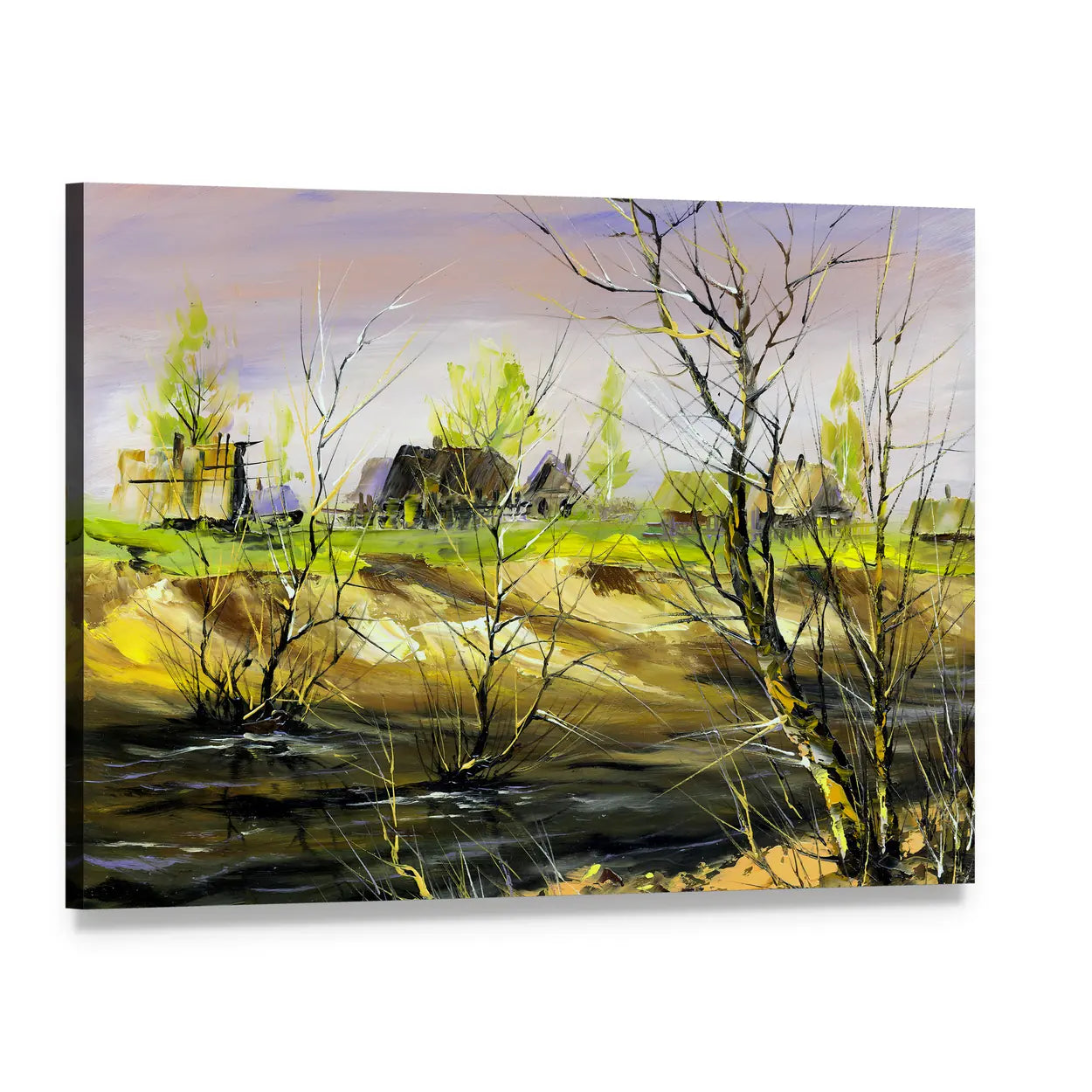Thatched Cottage on Riverbank Canvas Wall Art, single panel gallery wrapped canvas, angled product view