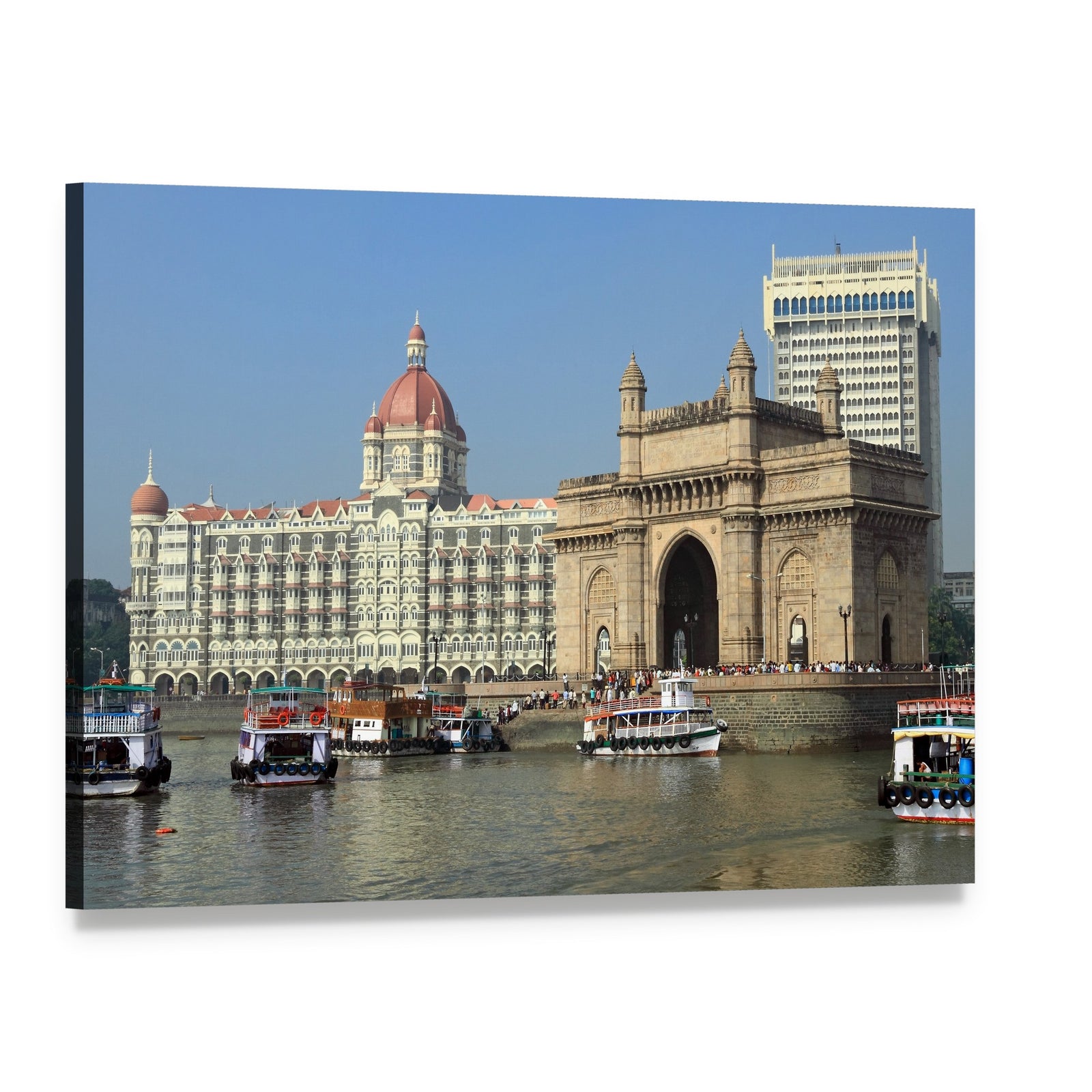 Gateway of India with Taj Mahal Palace Hotel Canvas Wall Art, single panel gallery wrapped canvas, angled product view