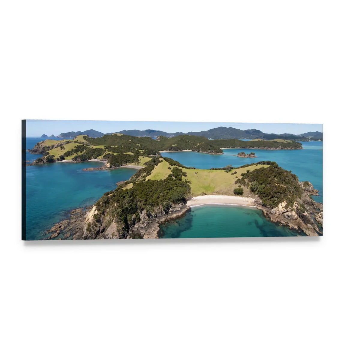 Urupukapuka Island Coastal View Panoramic Canvas Wall Art, single panel gallery wrapped canvas, angled product view