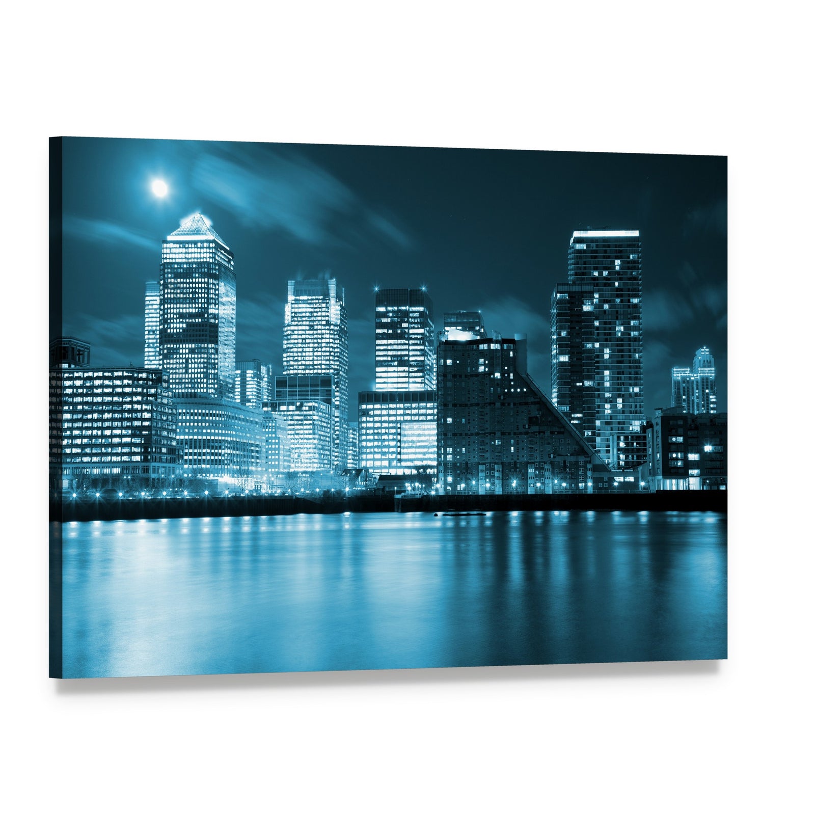 Moon Over London Skyscrapers Canvas Wall Art, single panel gallery wrapped canvas, angled product view