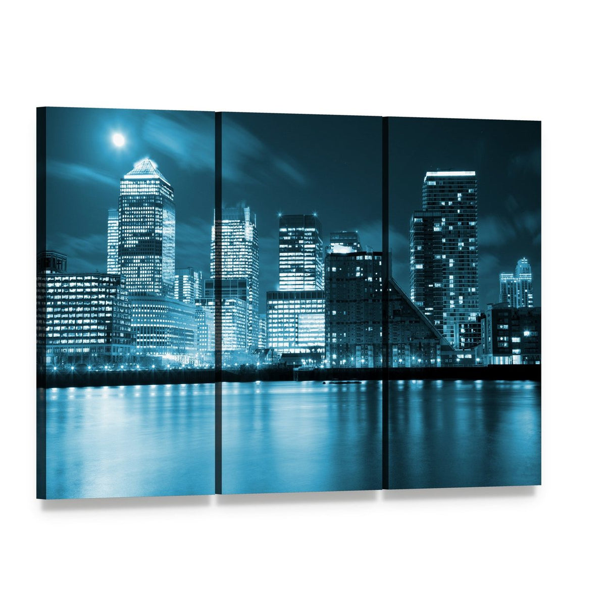 Moon Over London Skyscrapers Canvas Wall Art, 3 panel 3 Horizontal layout gallery wrapped canvas set, angled product view