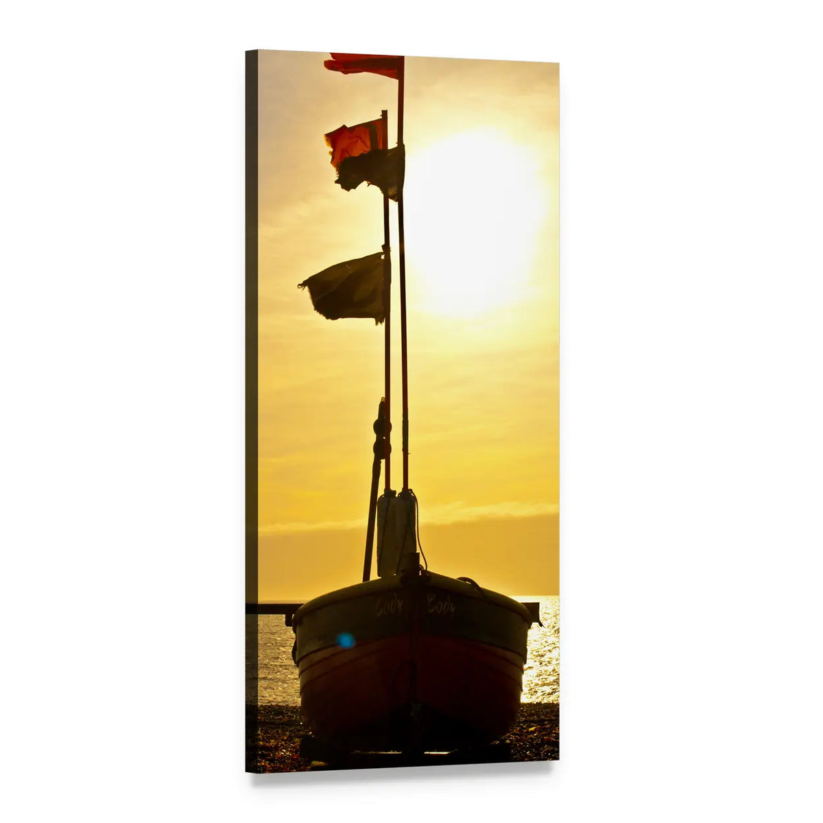 Fishing Boat at Sunset on Pebble Beach Vertical Canvas Wall Art, 1 panel 1 Vertical layout gallery wrapped canvas set, angled product view