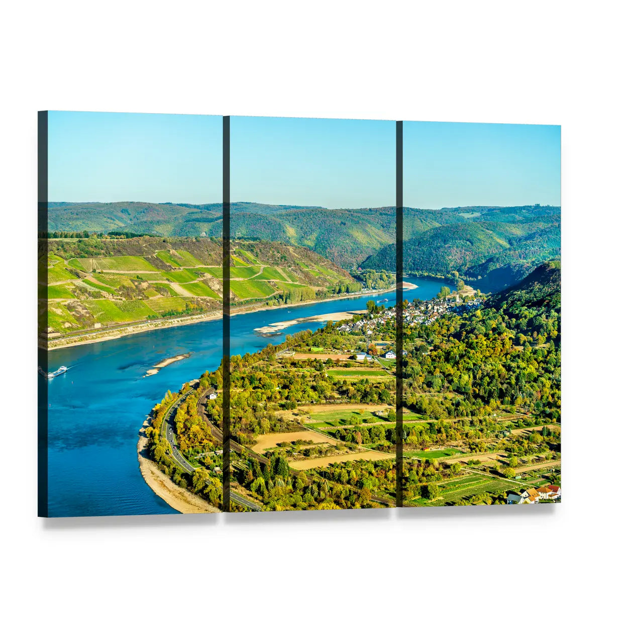 Rhine River Bend at Boppard Canvas Wall Art, 3 panel 3 Horizontal layout gallery wrapped canvas set, angled product view