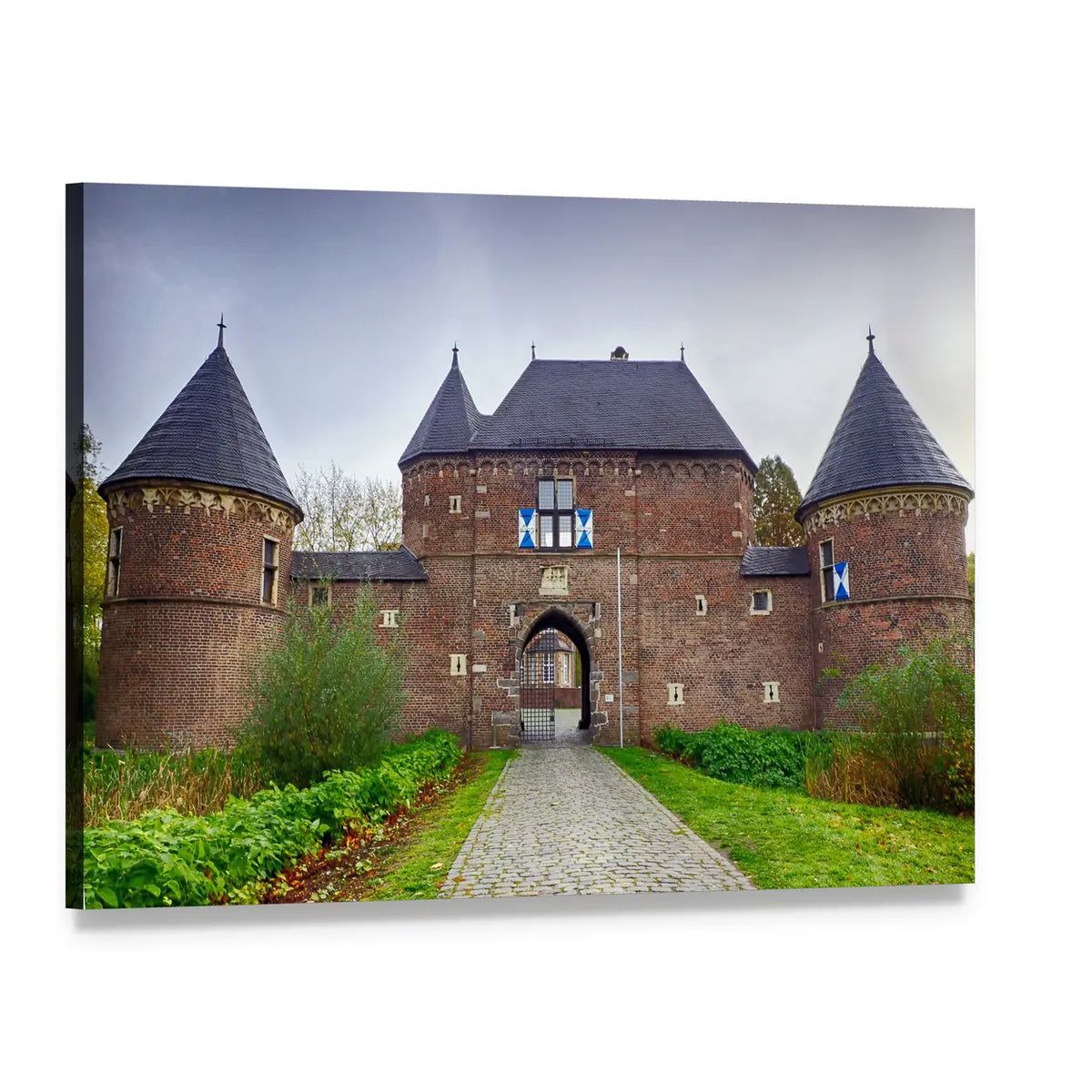 Stone Castle Gatehouse with Cobblestone Path Canvas Wall Art, single panel gallery wrapped canvas, angled product view