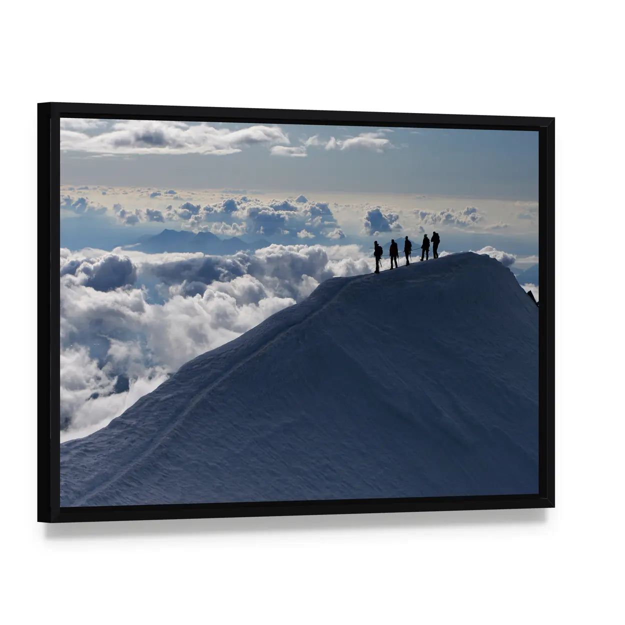Climbers On Mountain Top Canvas Wall Art, framed canvas in a black floater frame, angled product view