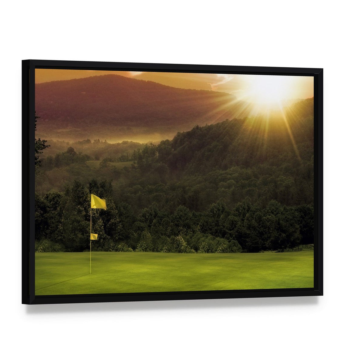 Golf Course Sunset Canvas Wall Art, framed canvas in a black floater frame, angled product view