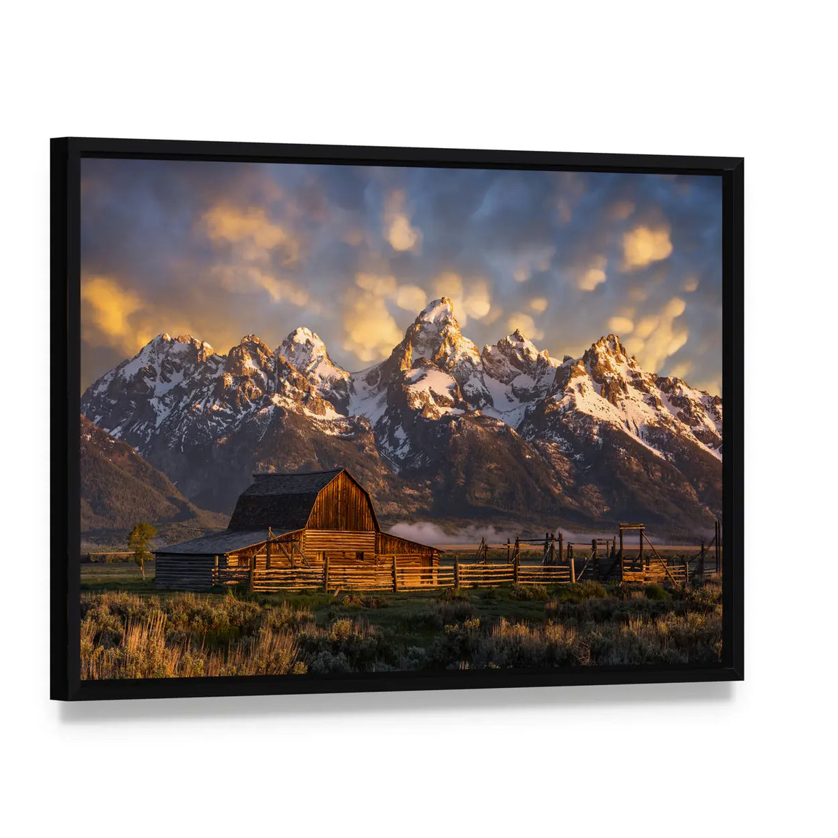 John Moulton Barn Canvas Wall Art, framed canvas in a black floater frame, angled product view