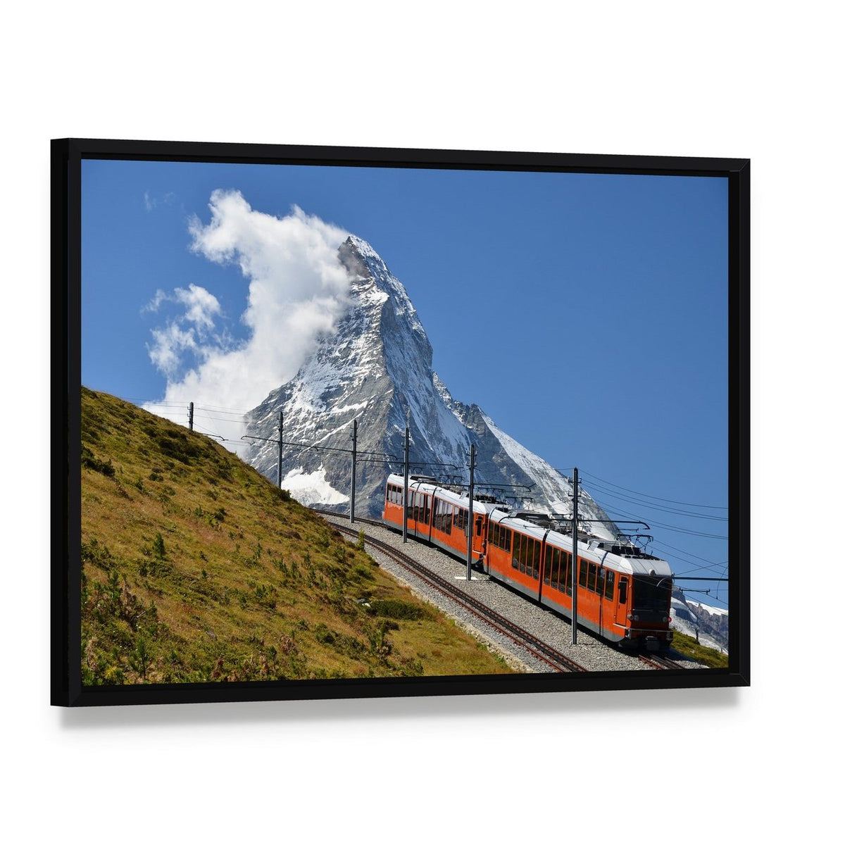 Beautiful Railway Track Switzerland Canvas Wall Art, framed canvas in a black floater frame, angled product view