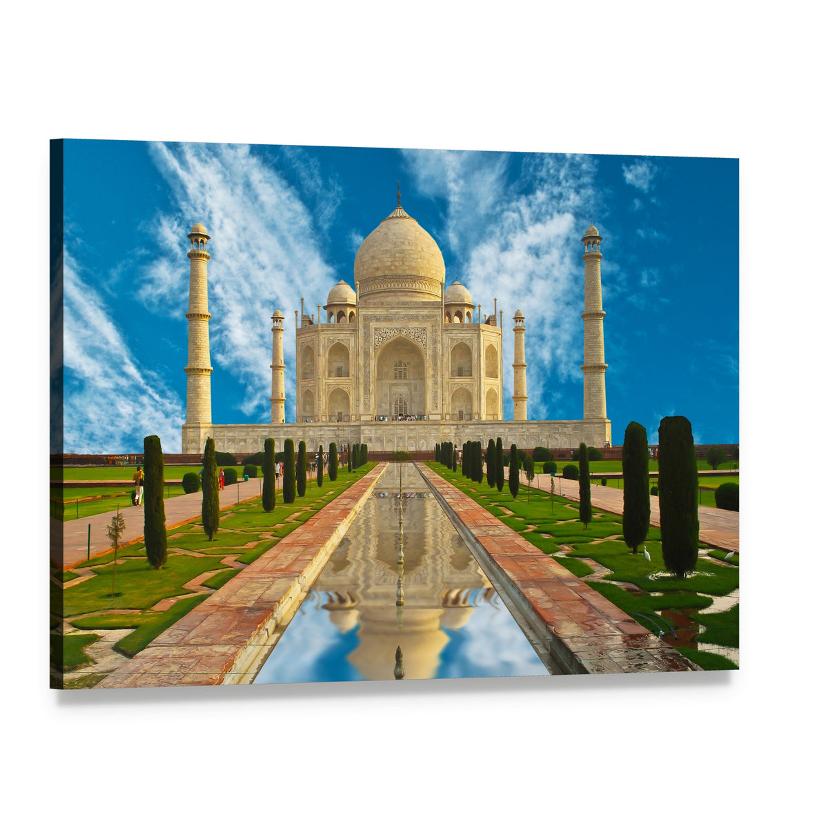 Taj Mahal Reflection in Water Canvas Wall Art, single panel gallery wrapped canvas, angled product view