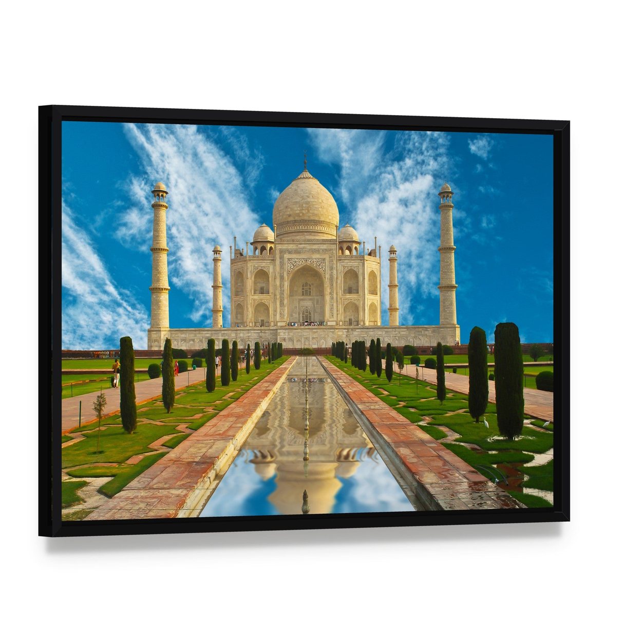Taj Mahal Reflection in Water Canvas Wall Art, framed canvas in a black floater frame, angled product view