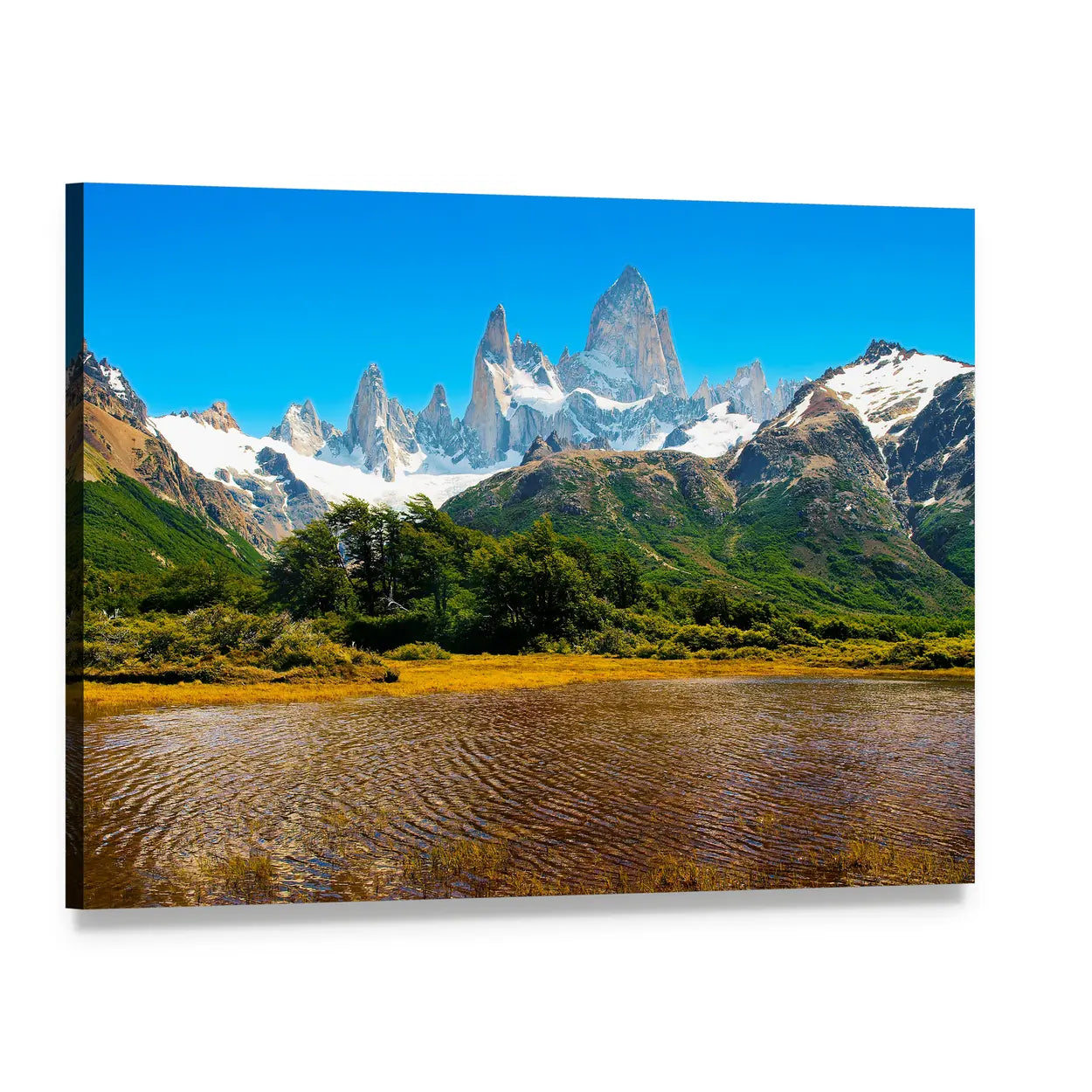 Lake Beneath Snow-capped Peaks Canvas Wall Art, single panel gallery wrapped canvas, angled product view