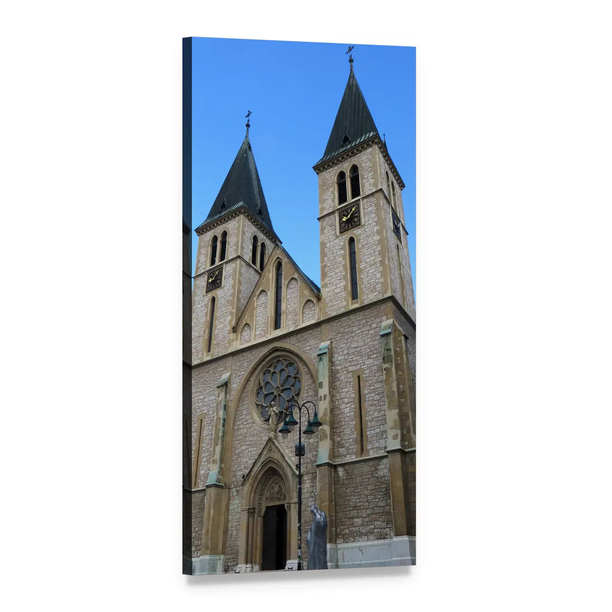 Sarajevo Cathedral Facade with Twin Towers Vertical Canvas Wall Art, 1 panel 1 Vertical layout gallery wrapped canvas set, angled product view