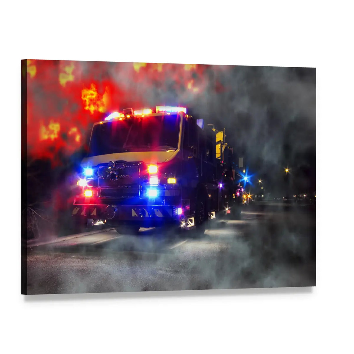 Firefighter Rescue Truck at Night Canvas Wall Art, single panel gallery wrapped canvas, angled product view