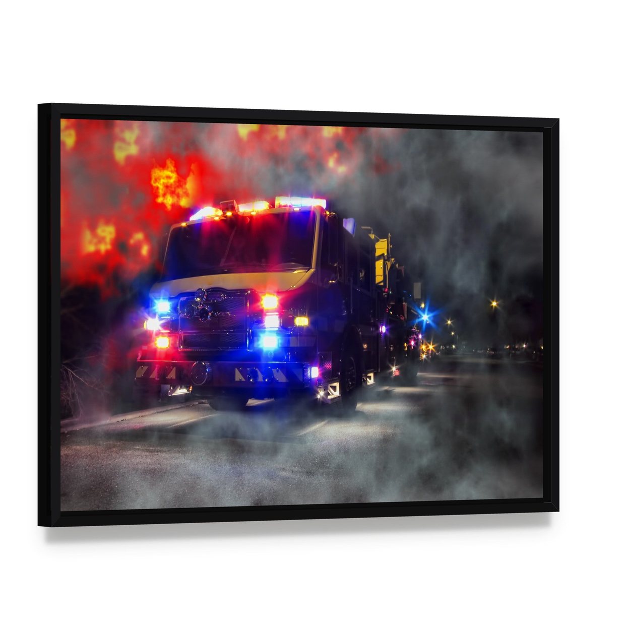 Emergency Firefighter Rescue Truck Canvas Wall Art, framed canvas in a black floater frame, angled product view