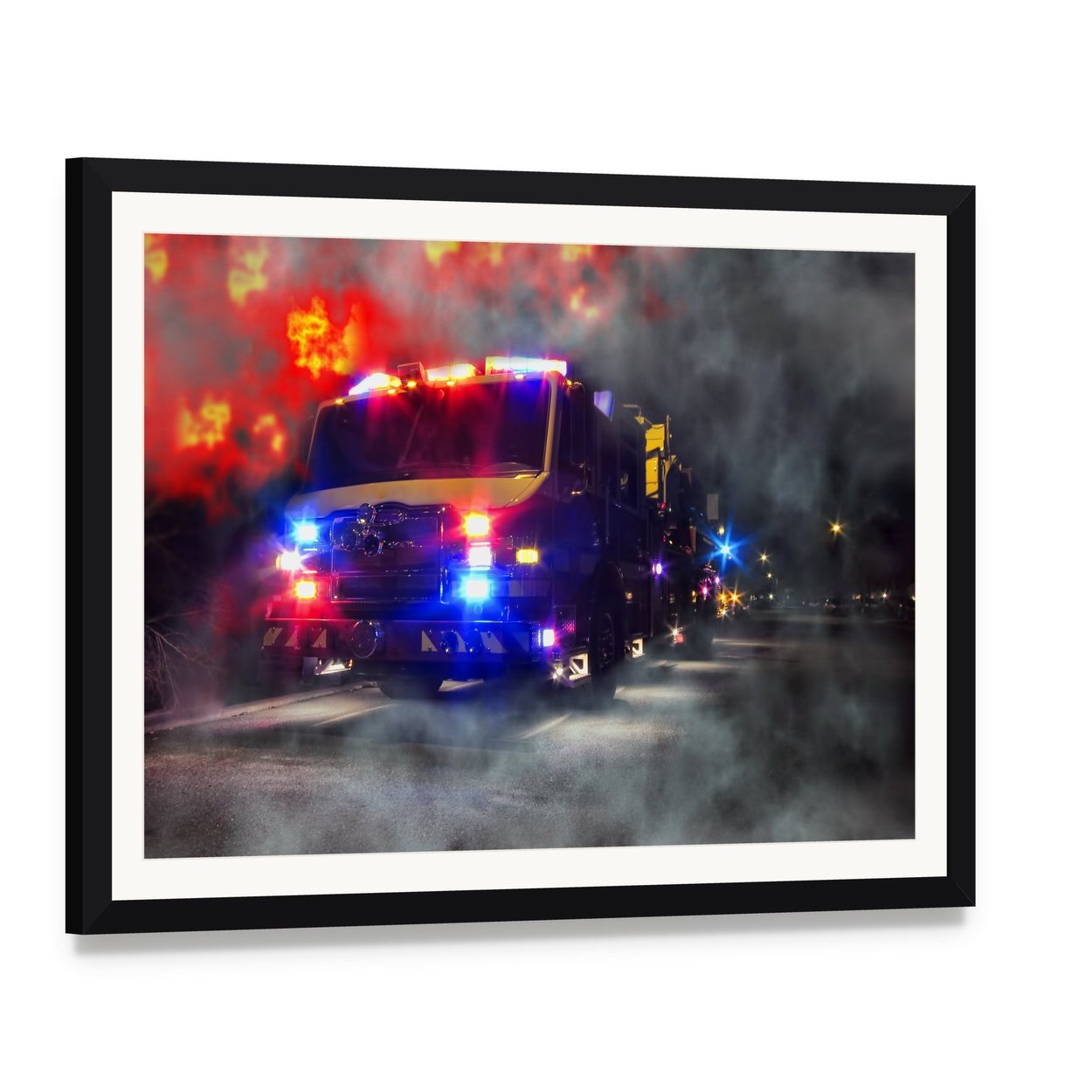 Emergency Firefighter Rescue Truck Canvas Wall Art, framed print with white mat and black frame, angled product view