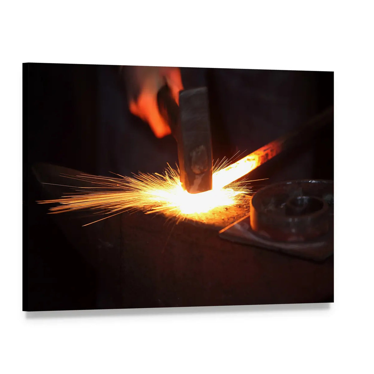 Blacksmith Hammering Hot Iron Canvas Wall Art, single panel gallery wrapped canvas, angled product view