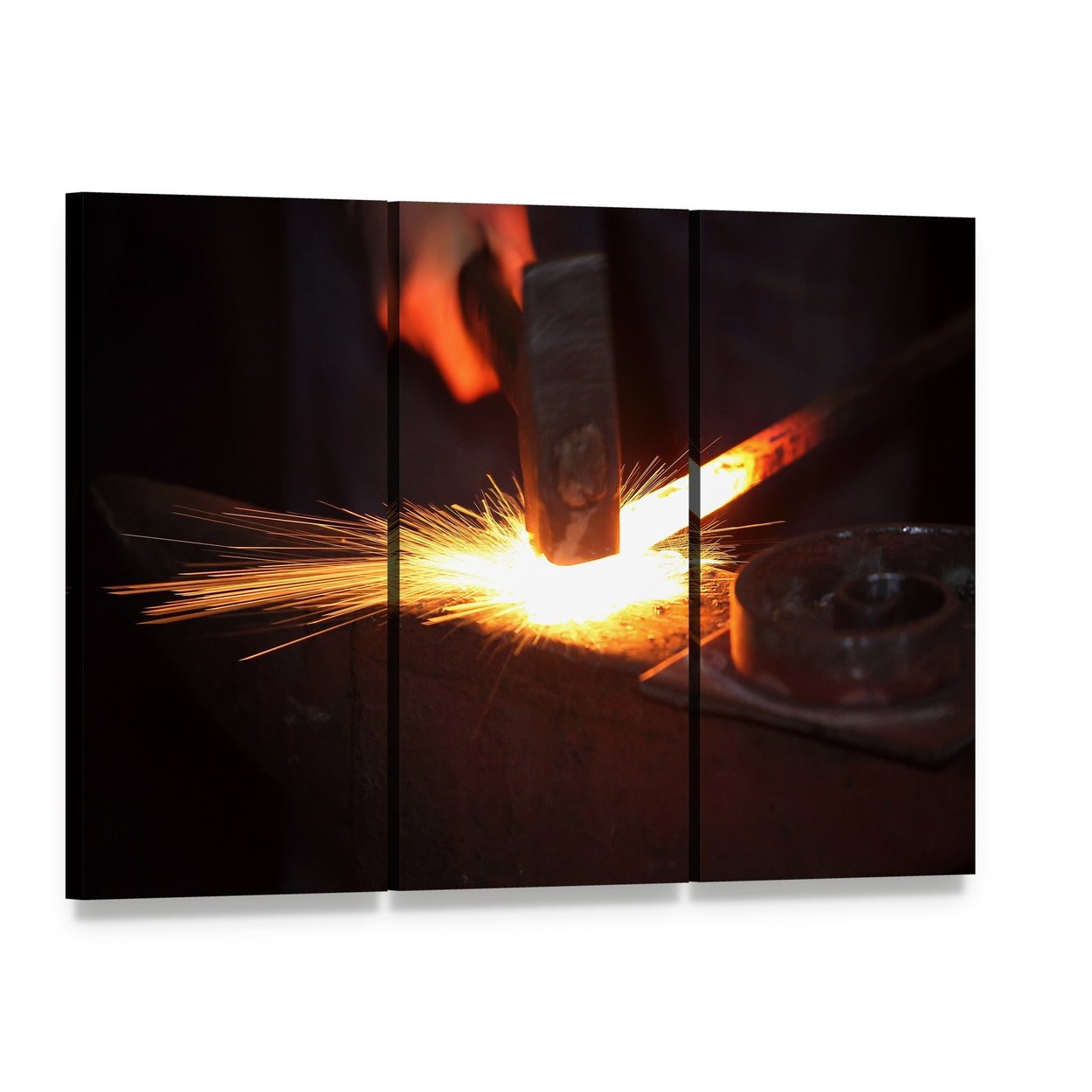 Blacksmith Hands Striking Glowing Metal Canvas Wall Art, 3 panel 3 Horizontal layout gallery wrapped canvas set, angled product view