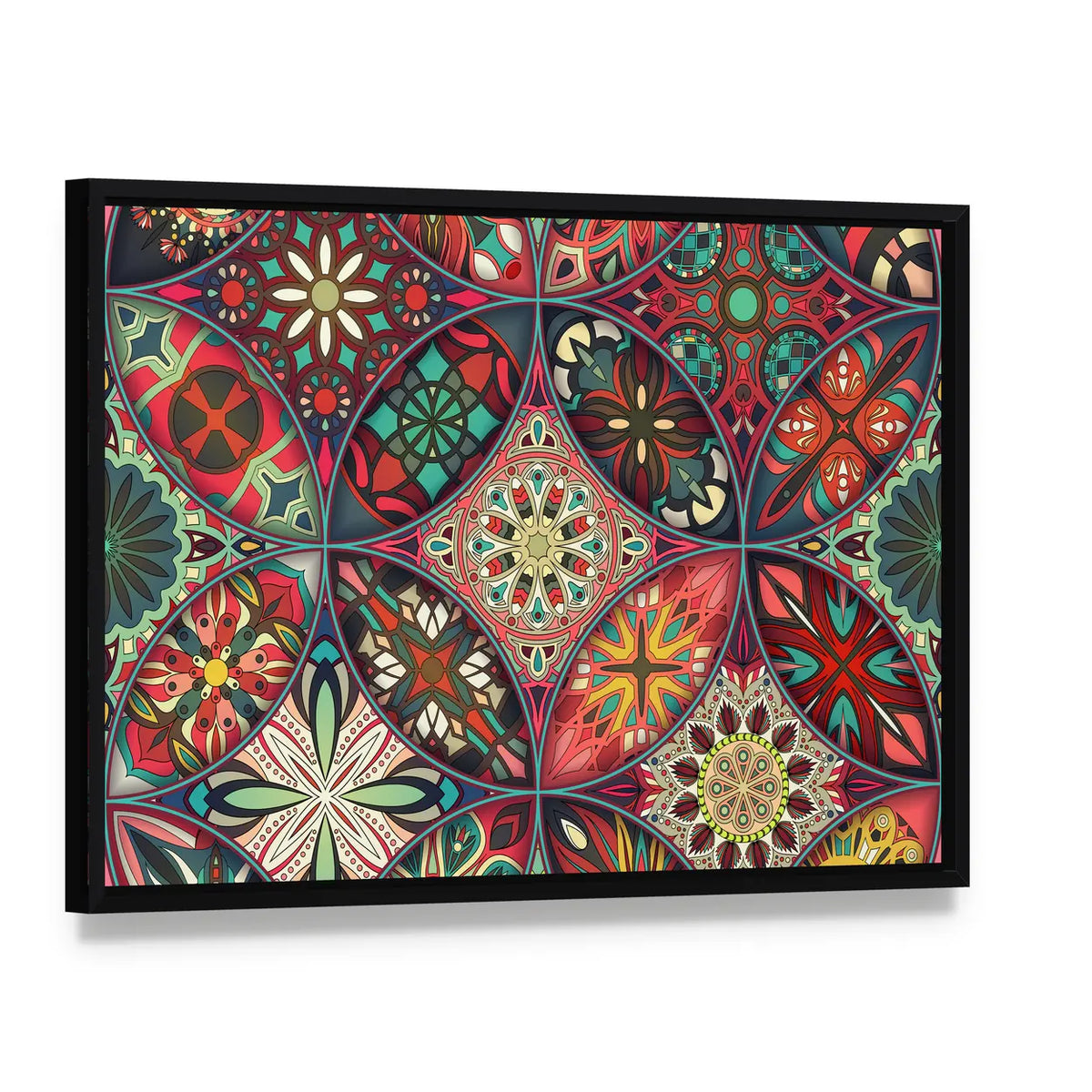 Vintage Mandala Elements Canvas Wall Art, framed canvas in a black floater frame, angled product view