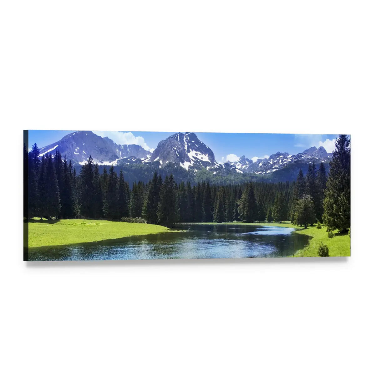 Durmitor National Park Lake and Mountains Panoramic Canvas Wall Art, single panel gallery wrapped canvas, angled product view