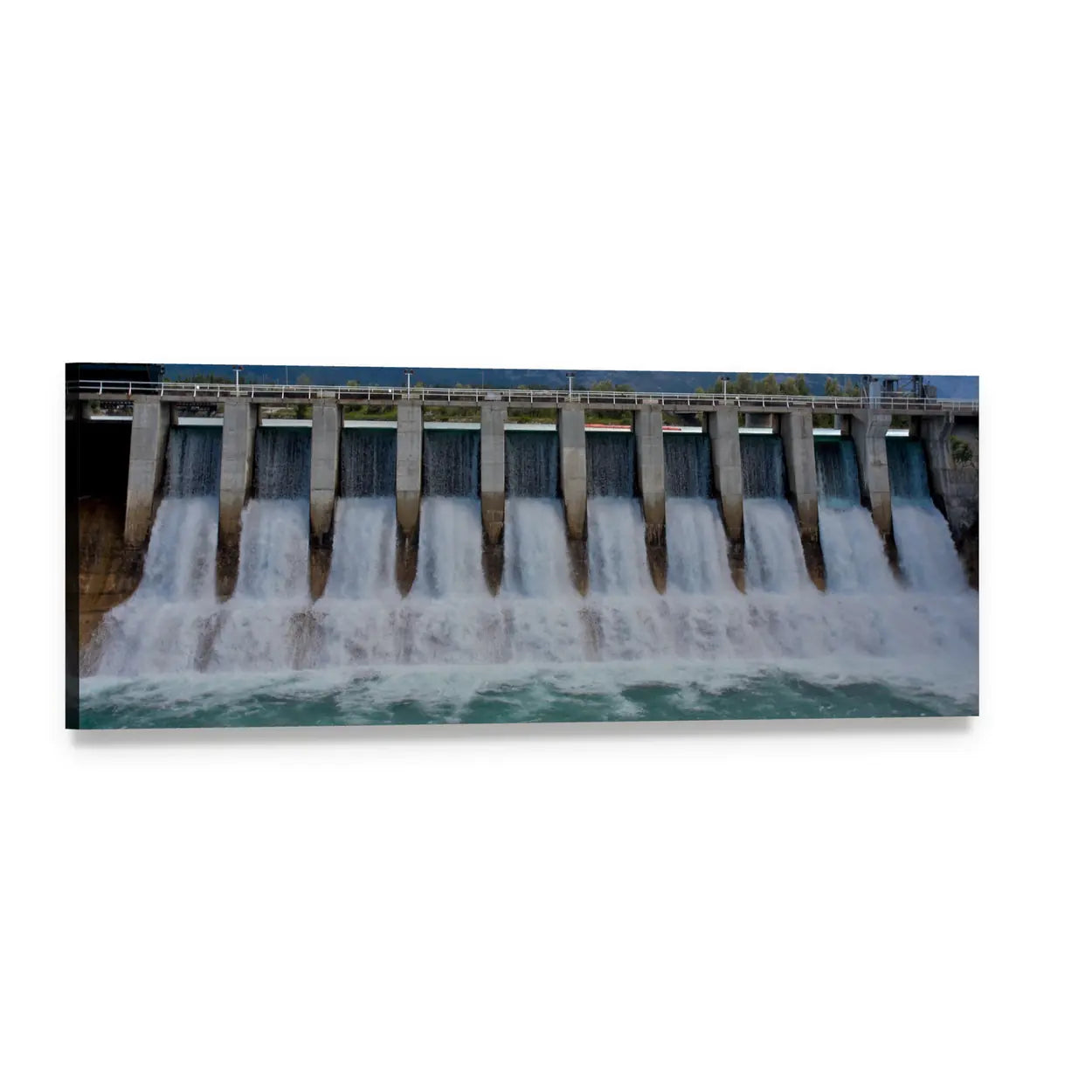 Hydroelectric Dam Spillway Panoramic Canvas Wall Art, single panel gallery wrapped canvas, angled product view