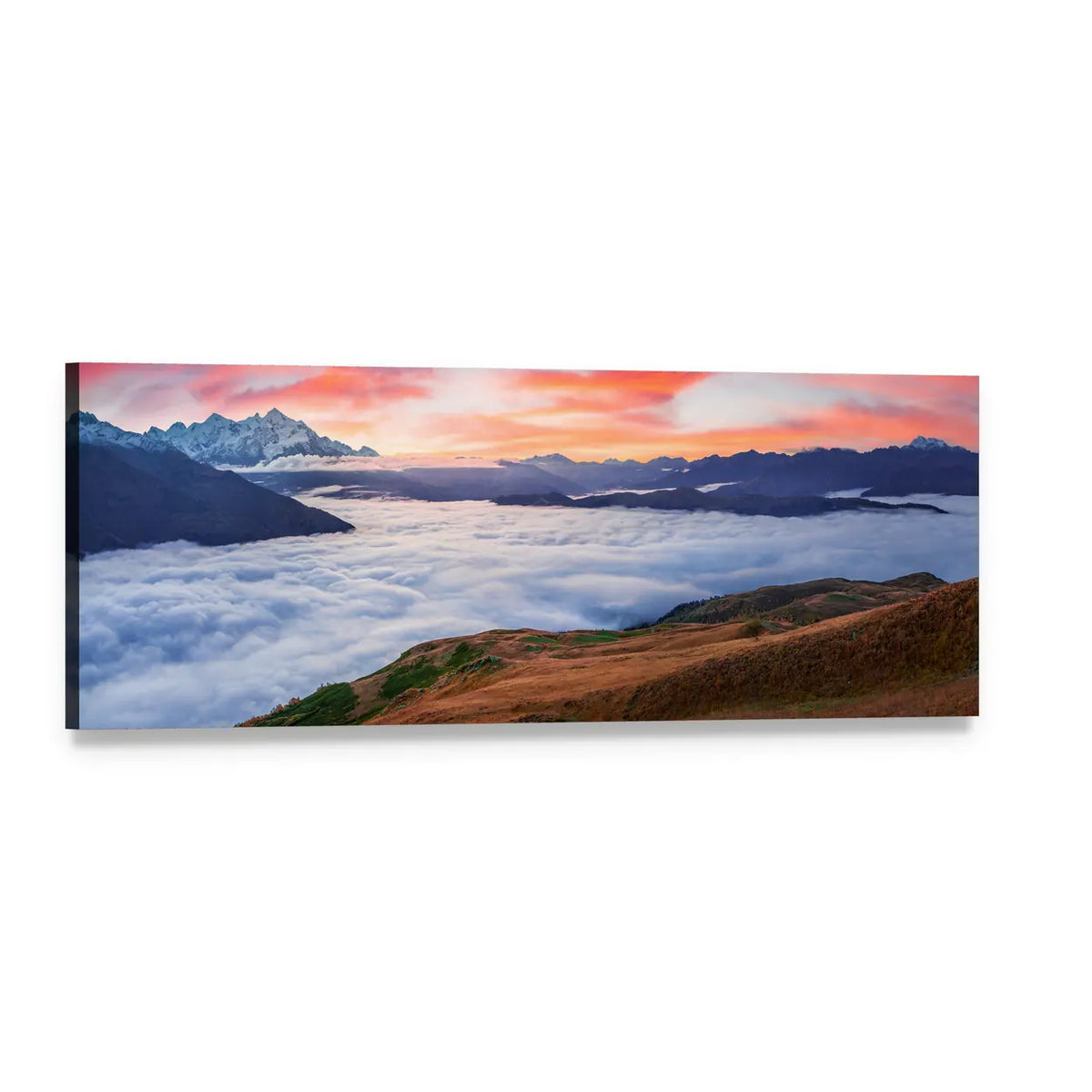 Sunrise Over Mountain Range and Sea of Clouds Panoramic Canvas Wall Art, single panel gallery wrapped canvas, angled product view