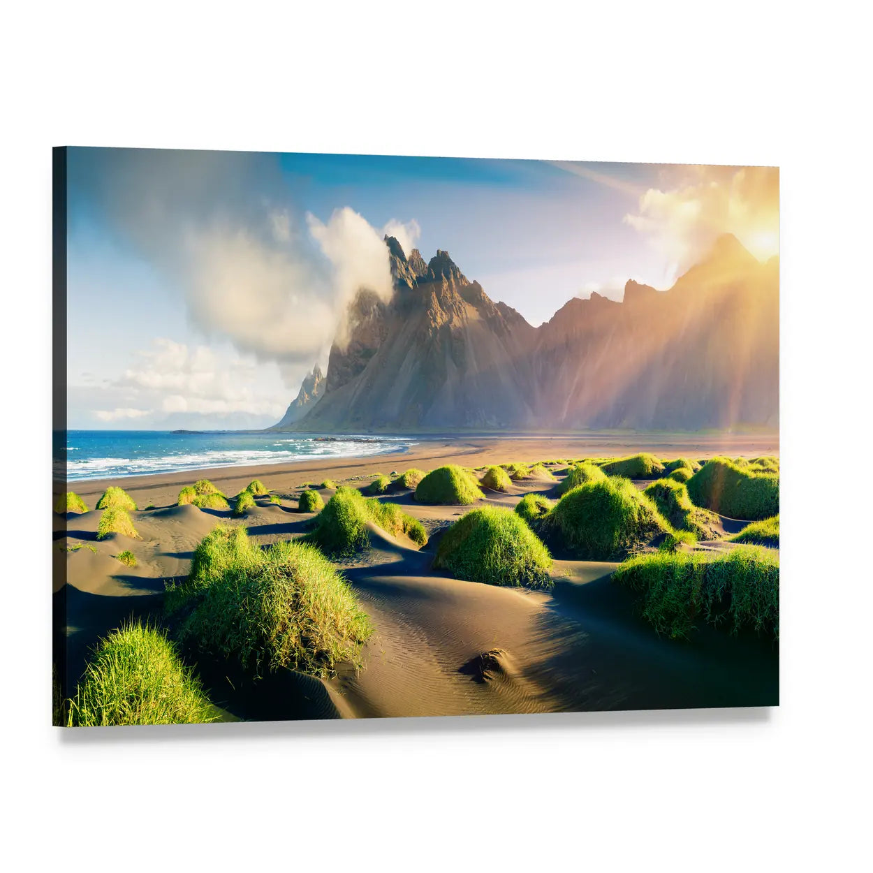 Green Dunes Toward Rugged Mountain Peaks Canvas Wall Art, single panel gallery wrapped canvas, angled product view